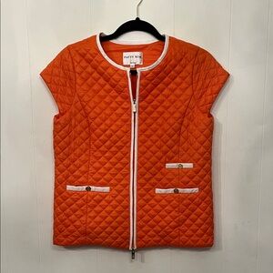 PATTY KIM Bright Orange Quilted Short-Sleeve Zip Vest with White Trim